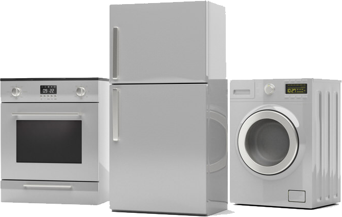 A gas range stove, a top freezer refrigerator, a compact washing machine