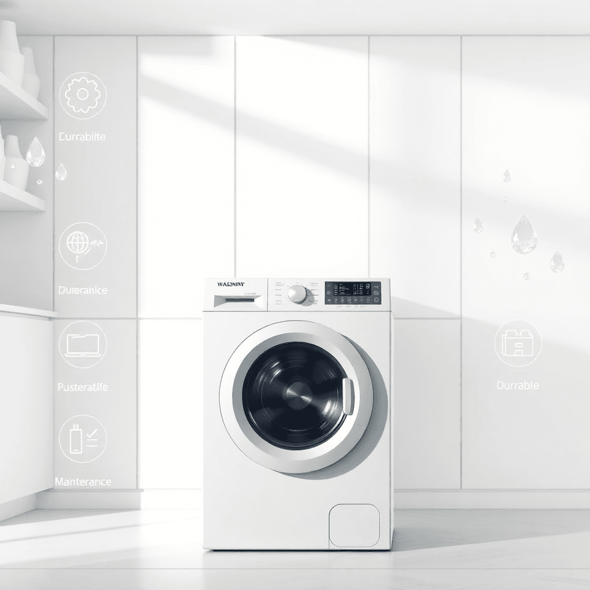 A modern washing machine in a bright laundry room with water droplets and icons symbolizing durability and maintenance.
