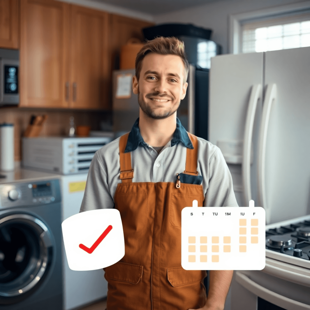 Appliance technician in a cozy kitchen with refrigerator, washing machine, and oven, tools neatly arranged, soft natural light highlighting profess...
