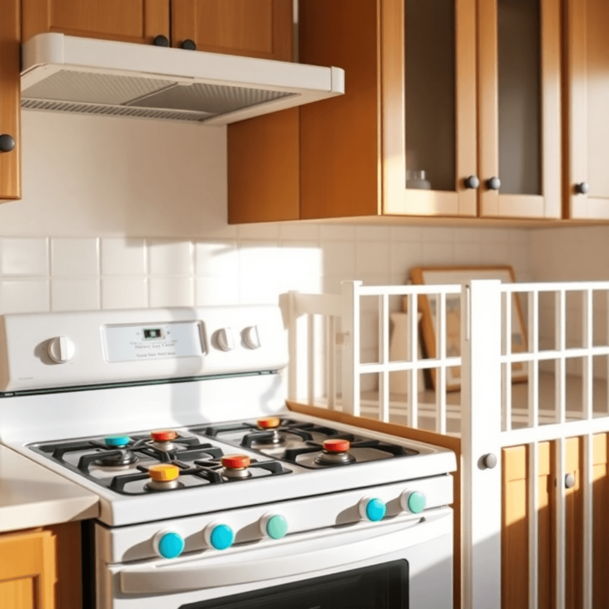 Bright kitchen with modern stove featuring colorful childproof knob covers, cabinet locks, and a safety gate, bathed in warm, soft lighting.