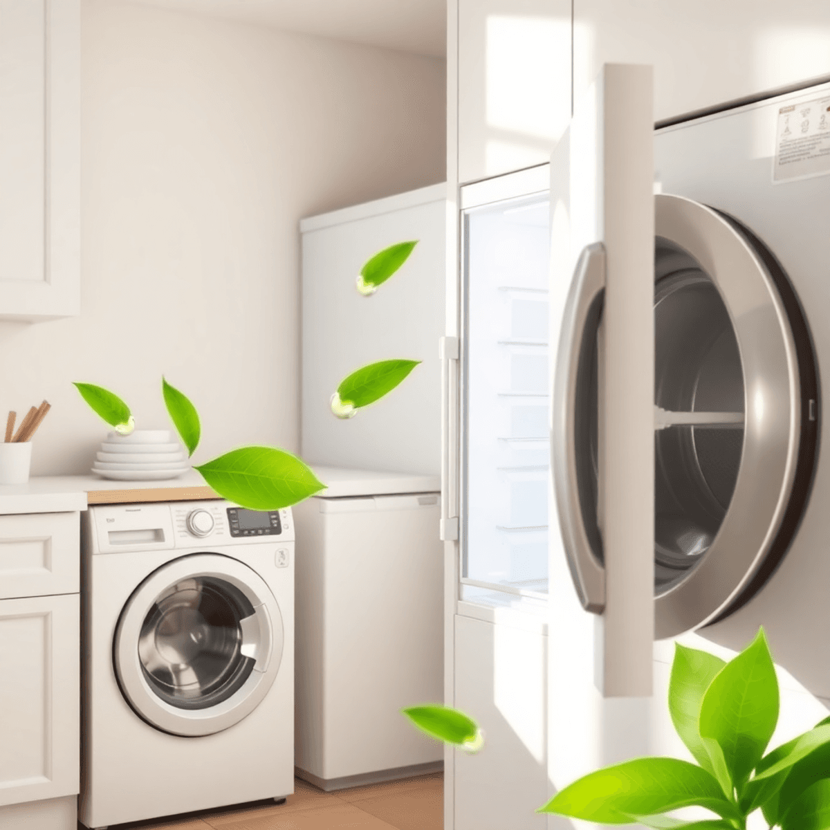 Bright laundry room and kitchen with open modern appliances, soft natural light, and subtle freshness symbols like green leaves and water droplets.