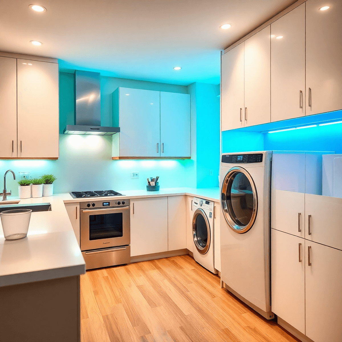 Bright modern kitchen and laundry room with sleek appliances, glowing blue and green accents, warm atmosphere, showcasing innovation and energy eff...