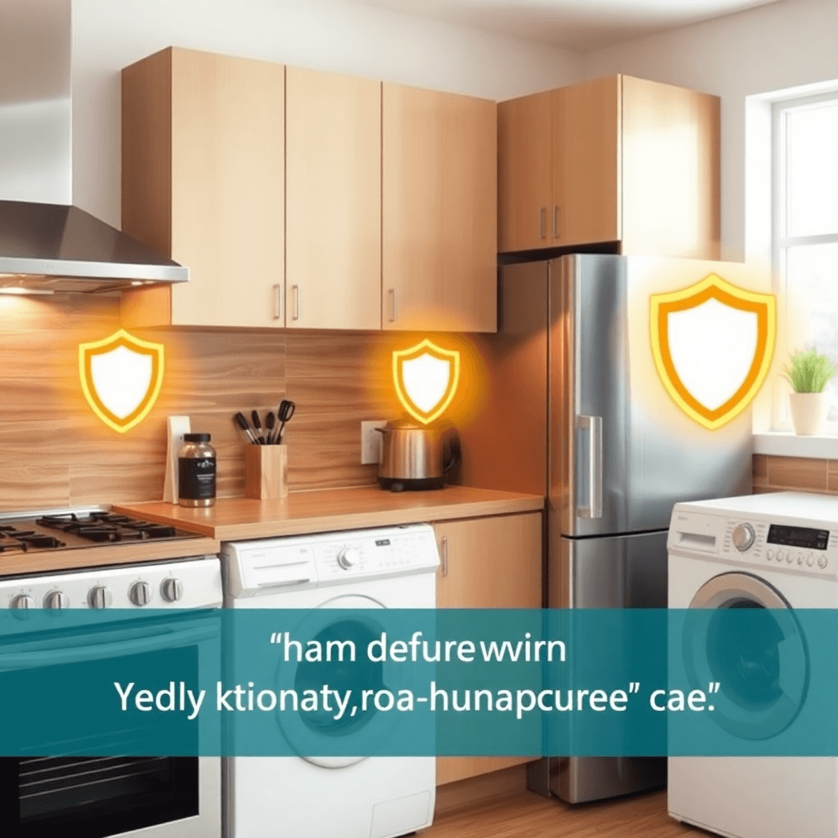Bright modern kitchen with refrigerator, oven, and washing machine, each surrounded by glowing protective halos symbolizing warranty and security.