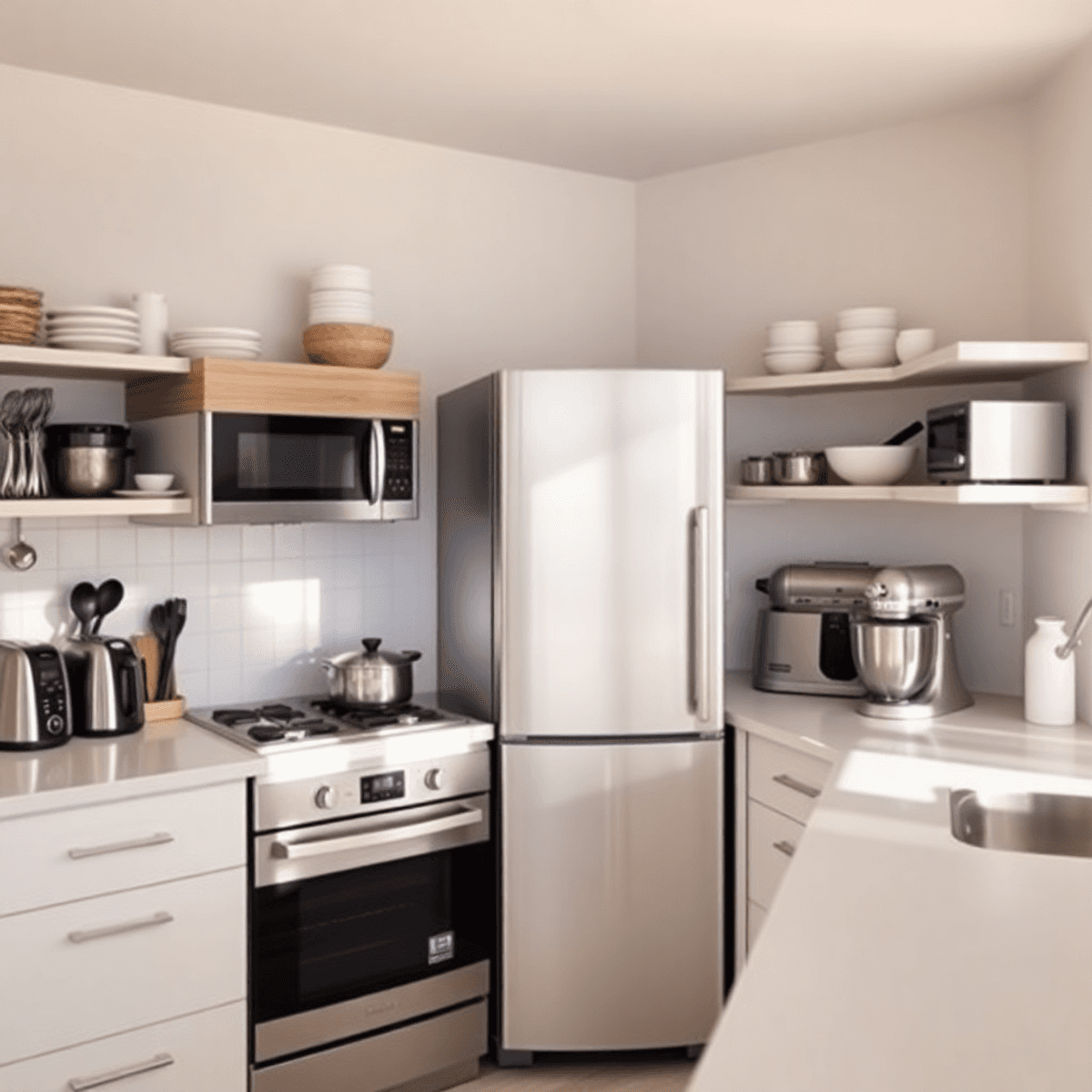 Bright modern kitchen with sleek appliances, organized utensils, and natural light highlighting clean countertops and cookware.