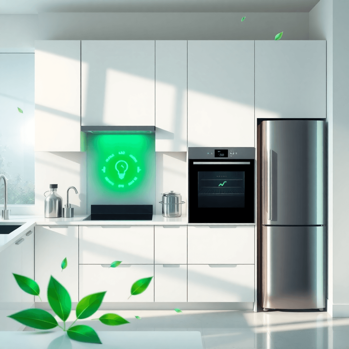 Bright modern kitchen with sleek futuristic appliances glowing green, digital interfaces, eco-friendly icons, and soft sunlight symbolizing smart t...