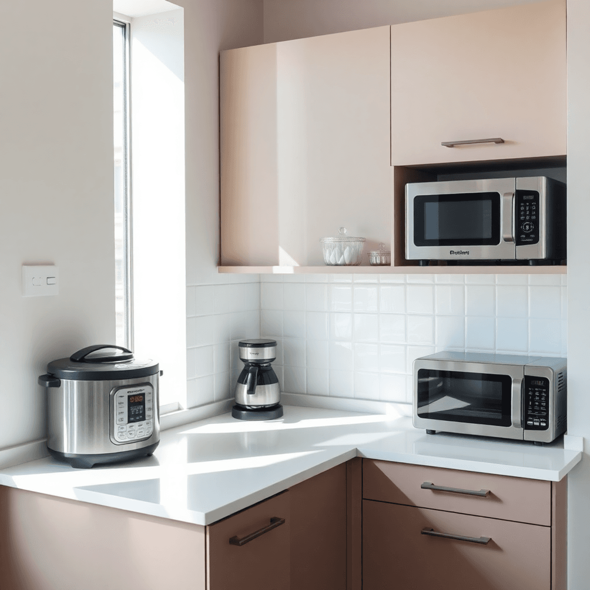 Bright, modern small kitchen countertop with sleek appliances, natural light, and minimalist design in a compact apartment.