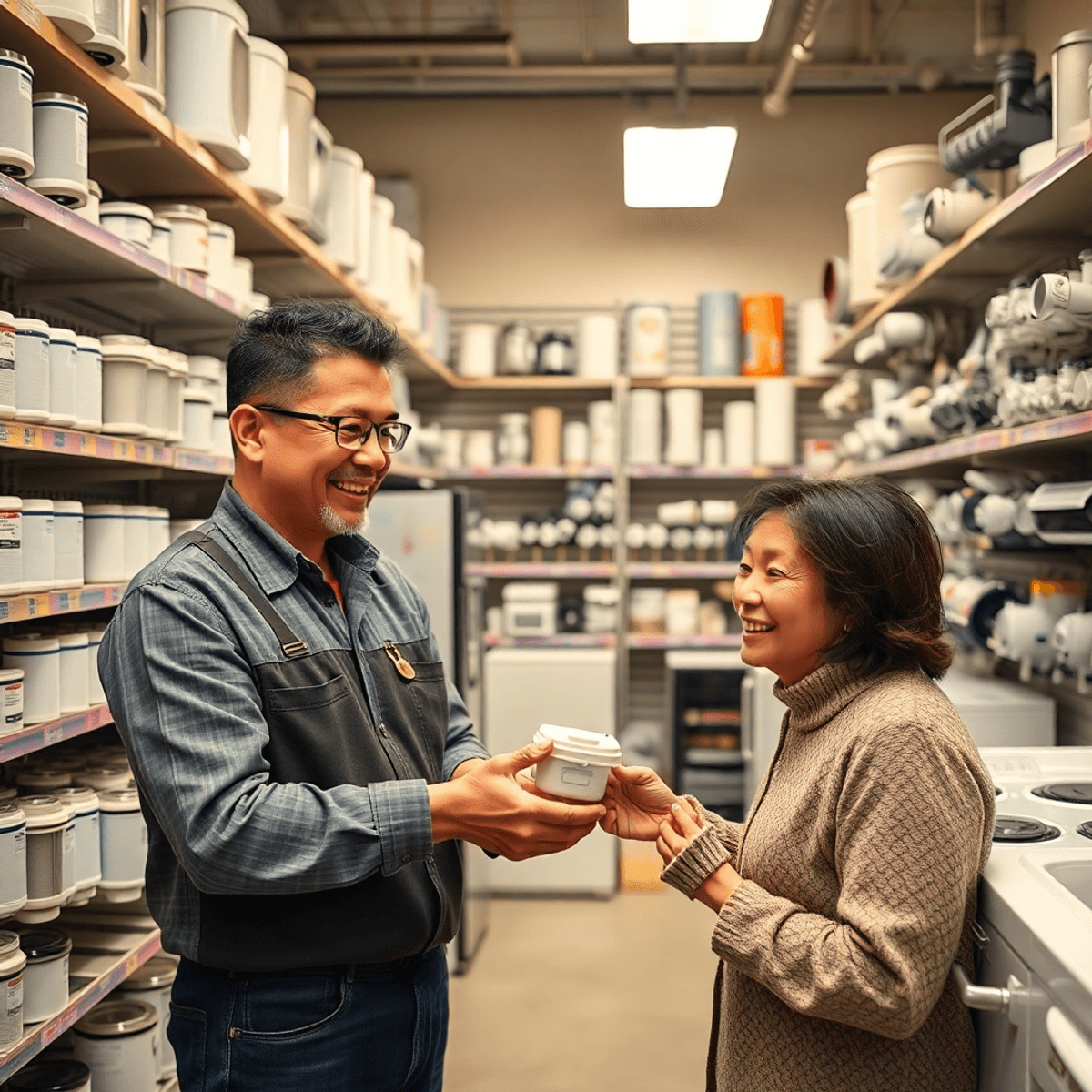 Bright, organized appliance parts store interior with shelves of components; friendly clerk assisting customer, warm lighting creating a welcoming ...