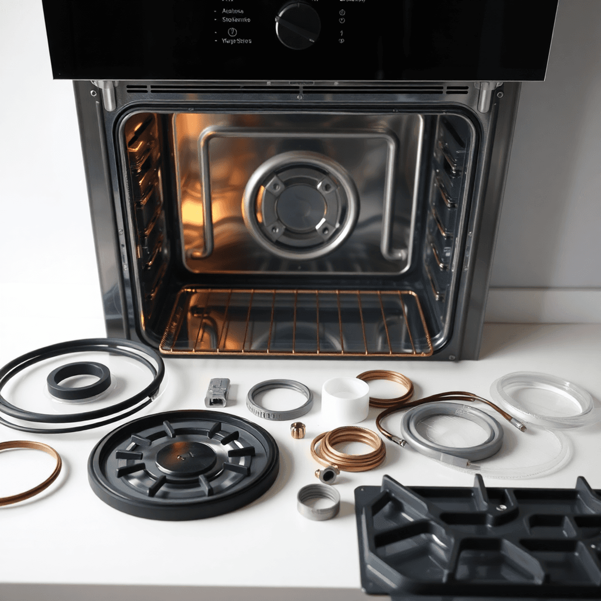 Close-up of a modern oven with door open, surrounded by neatly arranged oven parts on a clean surface, well-lit to highlight maintenance and repair.