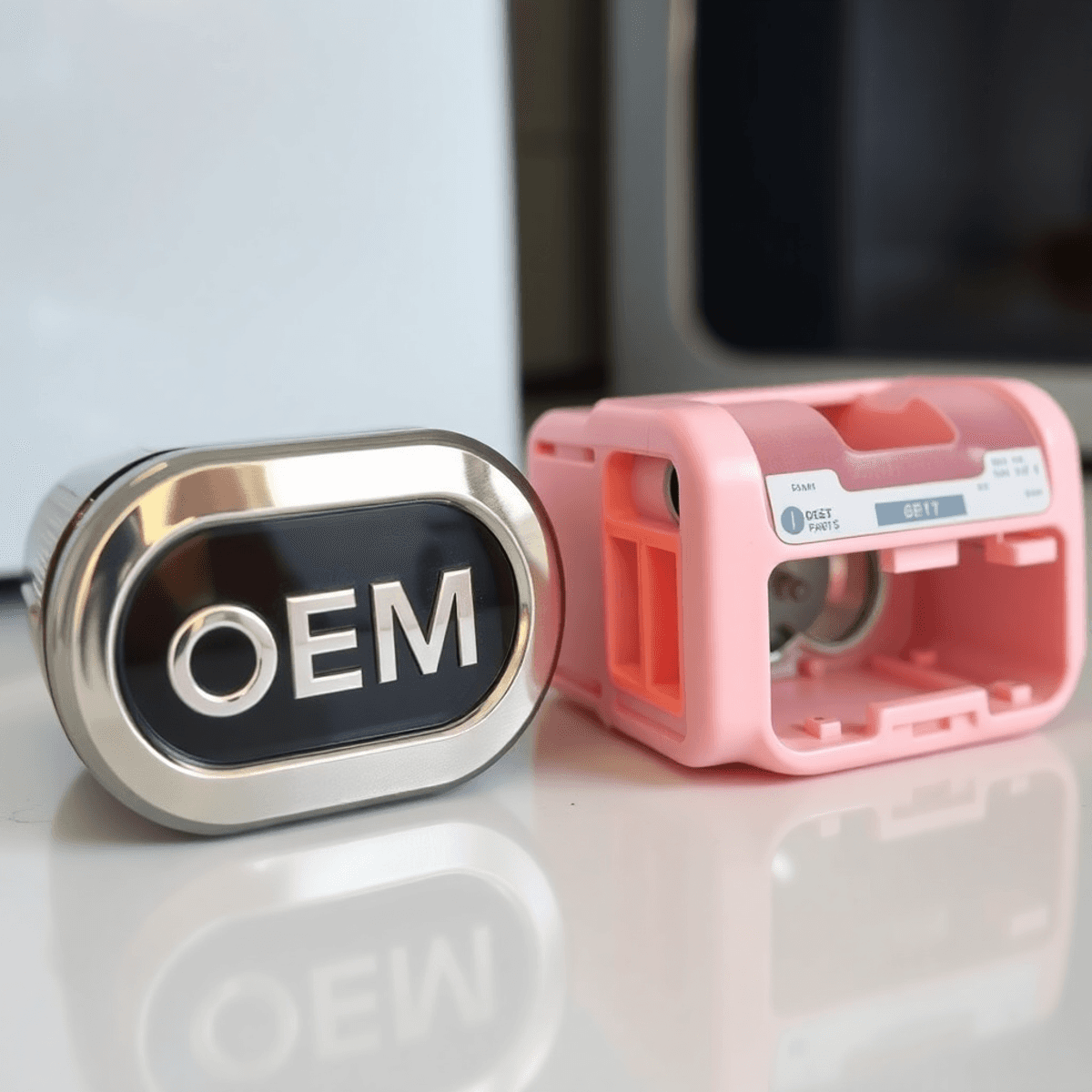Close-up of two appliance parts side by side on a clean surface, one shiny and branded, the other plain and unbranded, with soft lighting highlight...