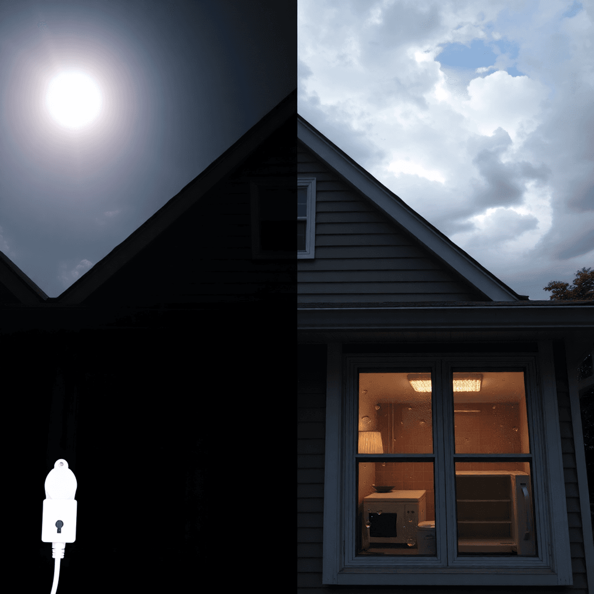 Cozy Staten Island home exterior with sunny sky shifting to storm clouds, glowing electric plug, and water droplets on appliances visible through w...