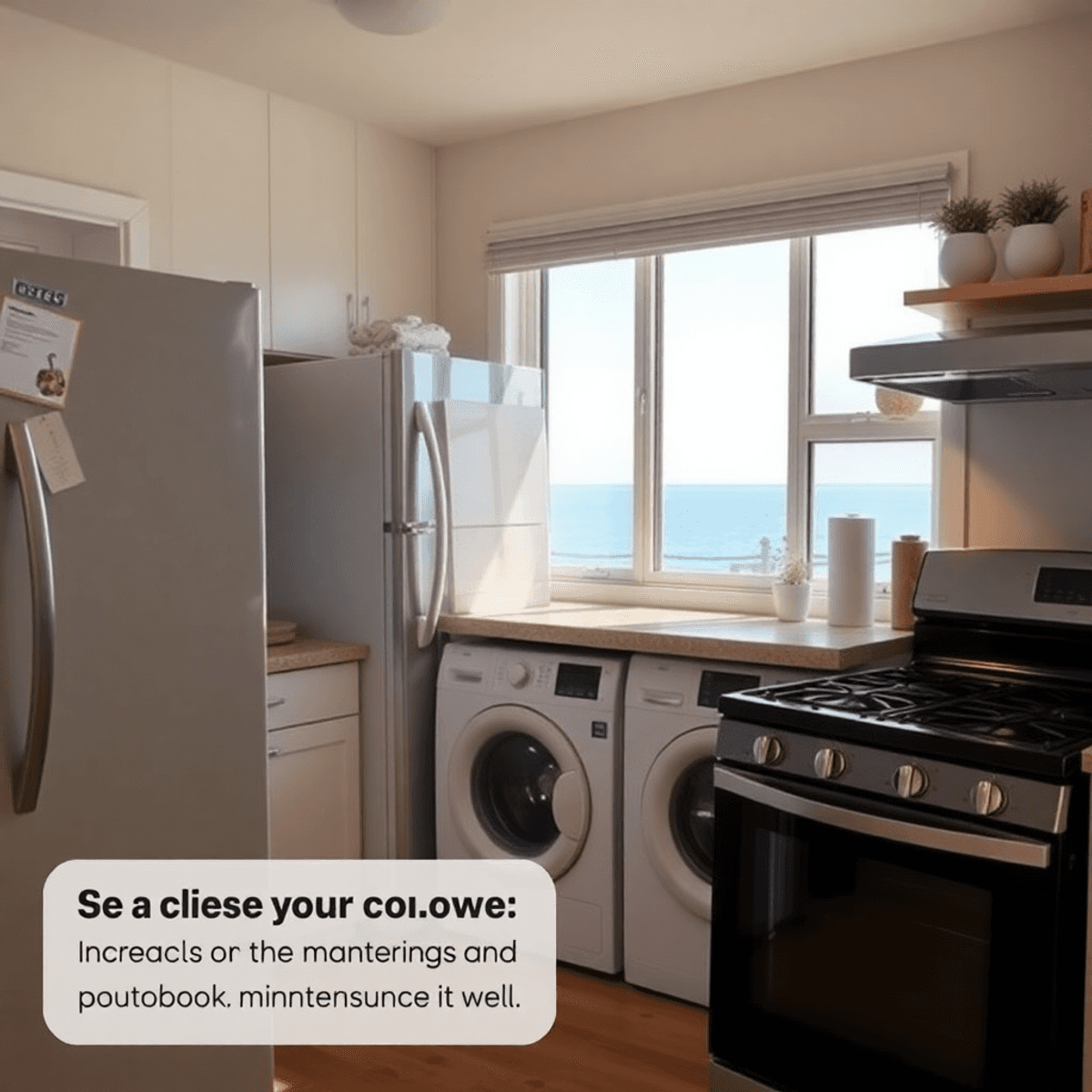 Cozy home interior with fridge, washing machine, oven, sparkling surfaces, warm lighting, and calm coastal view through a window.