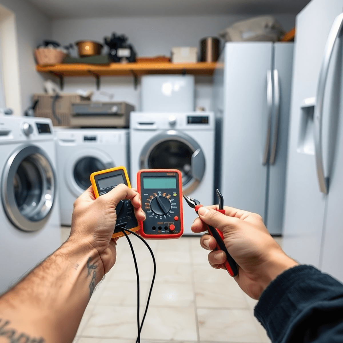 Hands using a multimeter and tools to test appliance parts in a bright, clean home workshop with household appliances nearby.