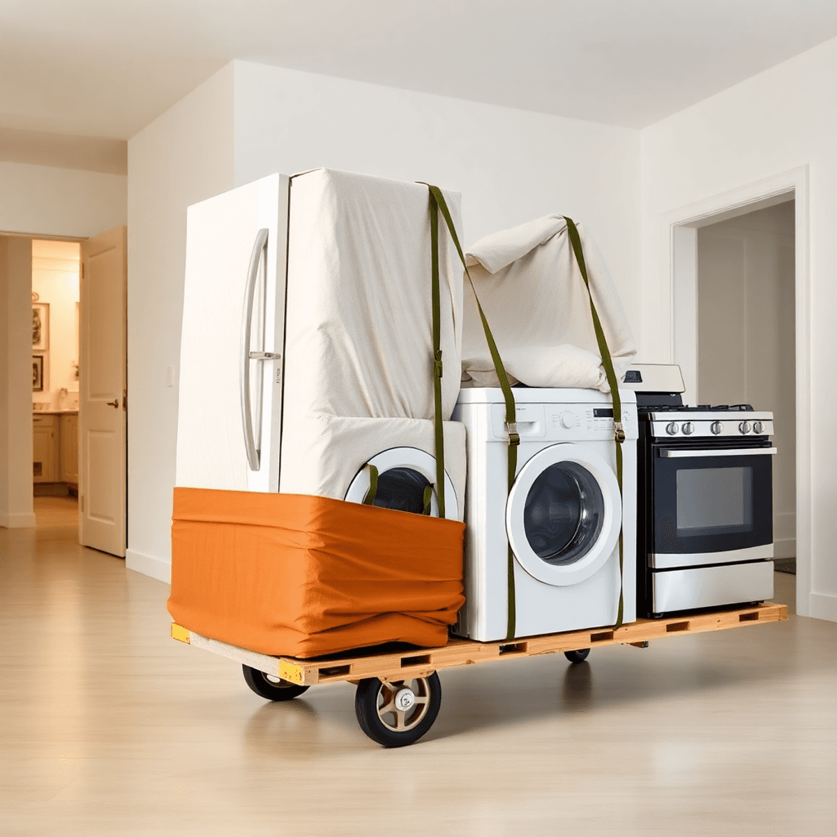 Large appliances wrapped and secured on a dolly in a spacious home interior, ready for safe and efficient moving.