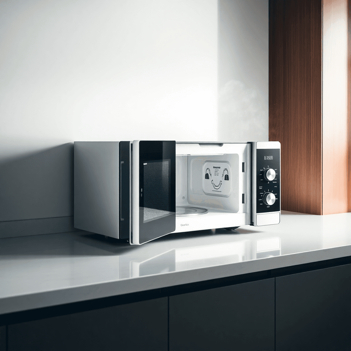 Modern kitchen countertop with a sleek microwave door ajar, surrounded by sparkling surfaces and soft steam, illuminated to highlight its clean int...