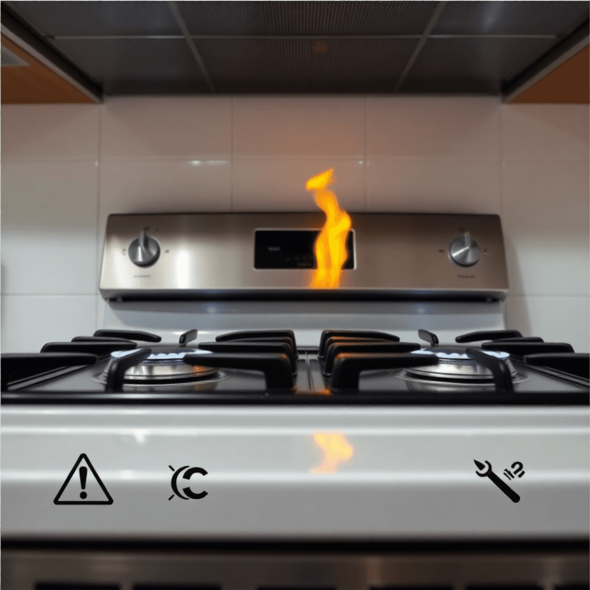 Modern kitchen stove with glowing burners, one showing a yellow flame and heat waves, abstract caution and repair symbols in a bright kitchen setting.