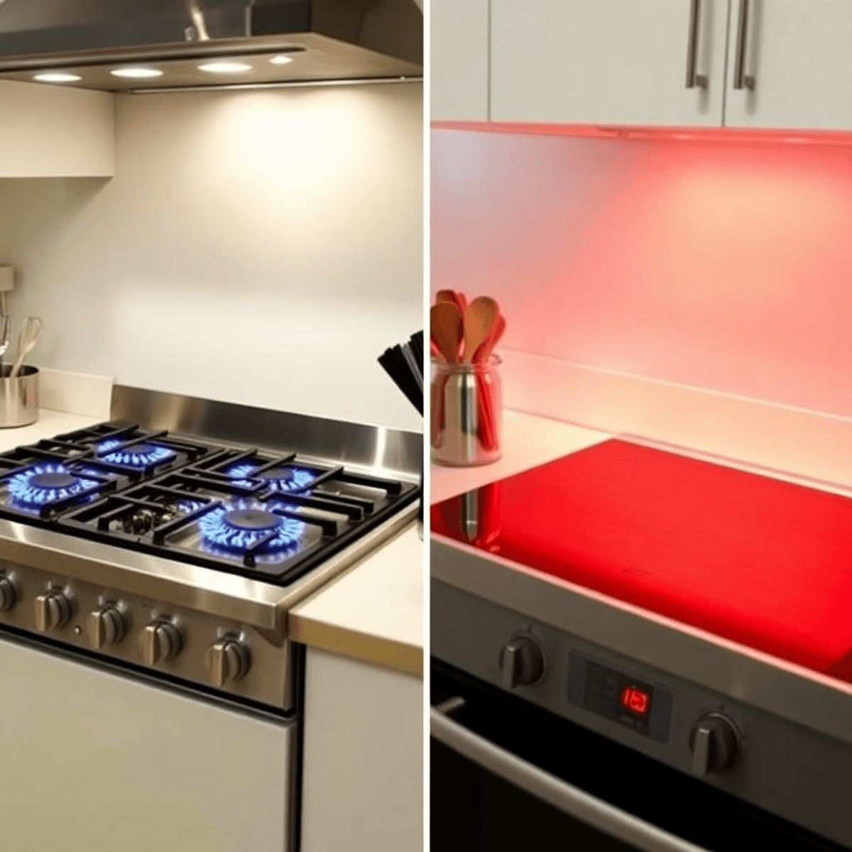 Modern kitchen with a gas stove showing blue flames and an electric cooktop glowing red, warmly lit with nearby utensils, no people present.
