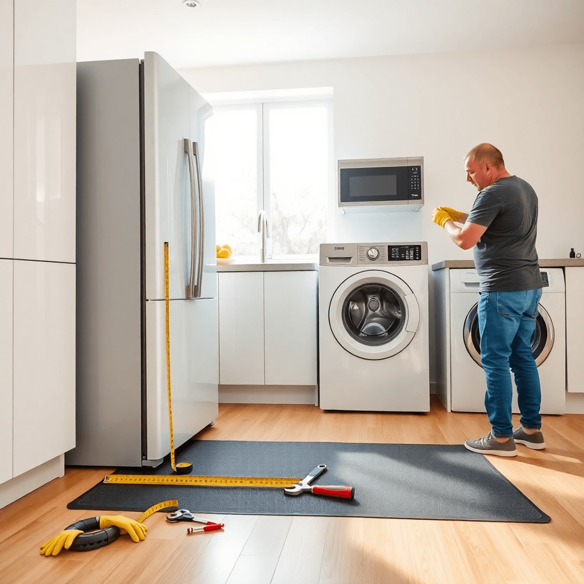 Modern kitchen with new appliances being installed, person measuring space, tools on protective floor cover, and safety gear in soft natural light.