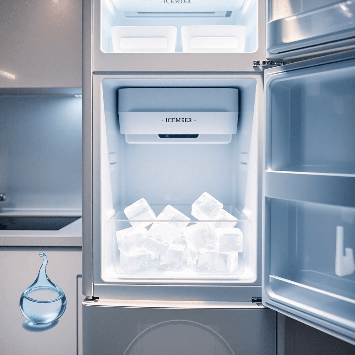 Modern kitchen with open freezer door showing ice maker and fresh ice cubes, water droplet, and thermometer under bright, cool lighting.