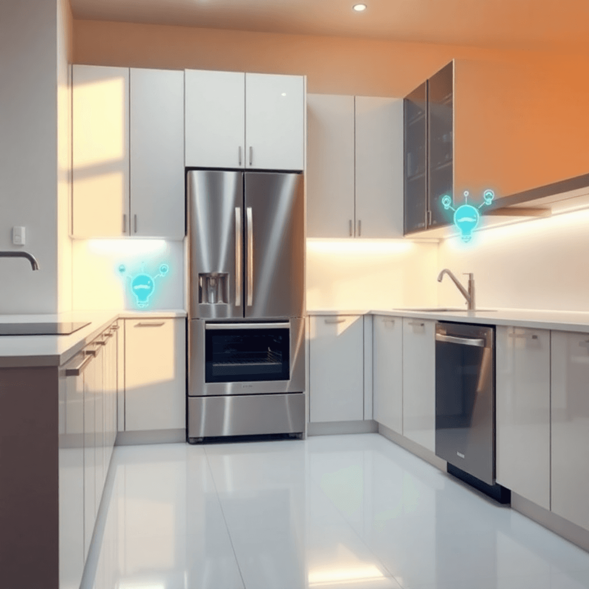 Modern kitchen with shiny smart appliances and glowing tech icons, bathed in warm natural light highlighting a clean, futuristic design.