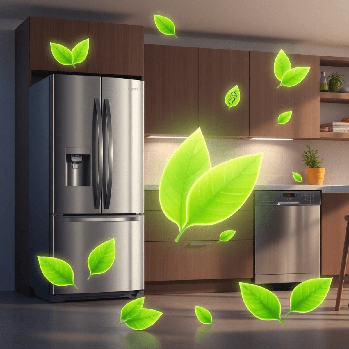Modern kitchen with sleek appliances, glowing green leaves, and eco-friendly symbols under soft natural light, symbolizing sustainability and innov...