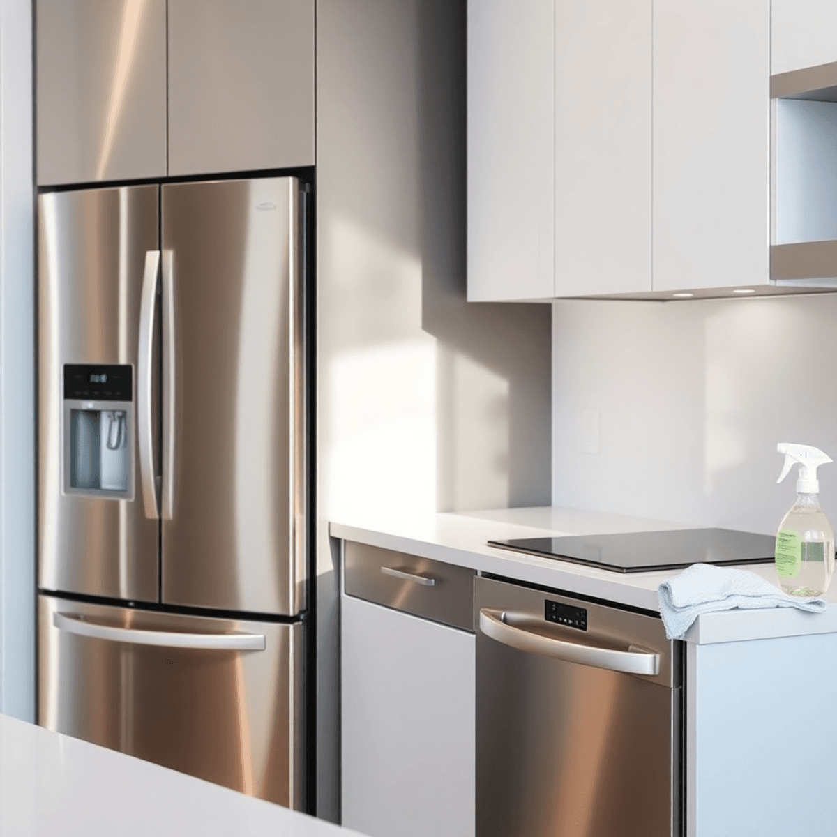 Modern kitchen with stainless steel appliances, natural light reflections, and cleaning tools on a spotless countertop in a bright, tidy setting.