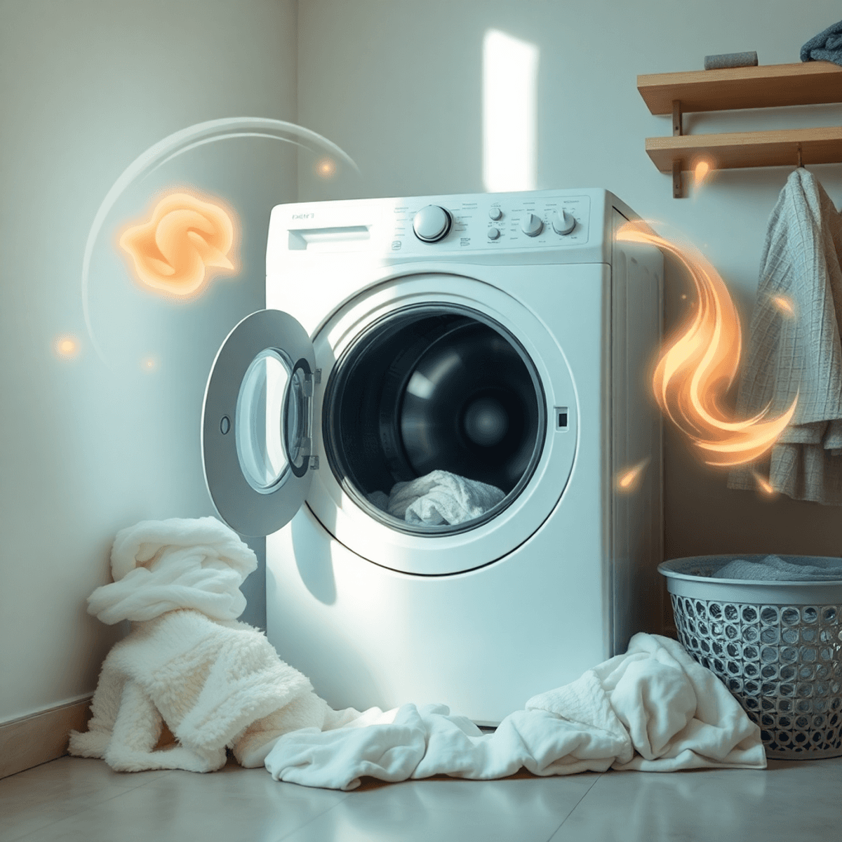Modern laundry room with open dryer, fresh clothes, clean lint filter, soft natural light, and swirling lines symbolizing airflow and heat efficiency.