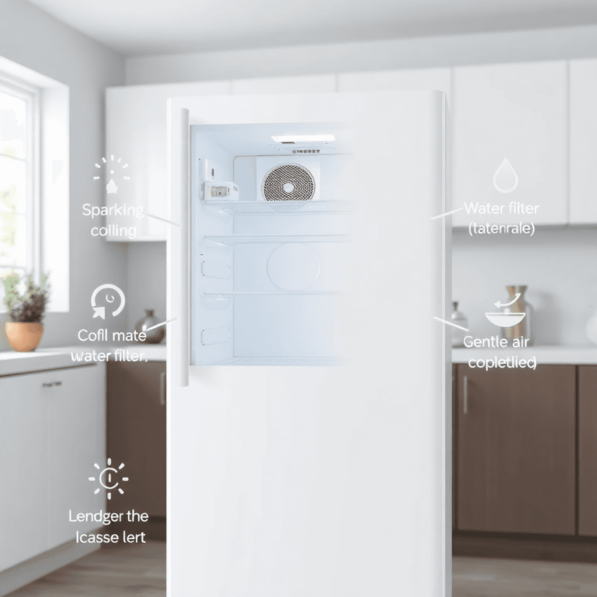 Modern refrigerator with door ajar, surrounded by symbols of maintenance like sparkling coil, water filter, and airflow lines in a bright kitchen s...