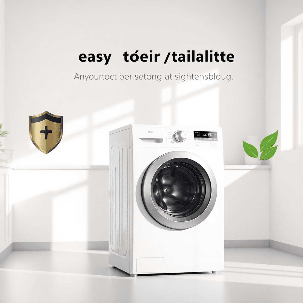Modern washing machine in a bright laundry room with natural light, featuring a shield icon and green leaves symbolizing durability and eco-friendl...