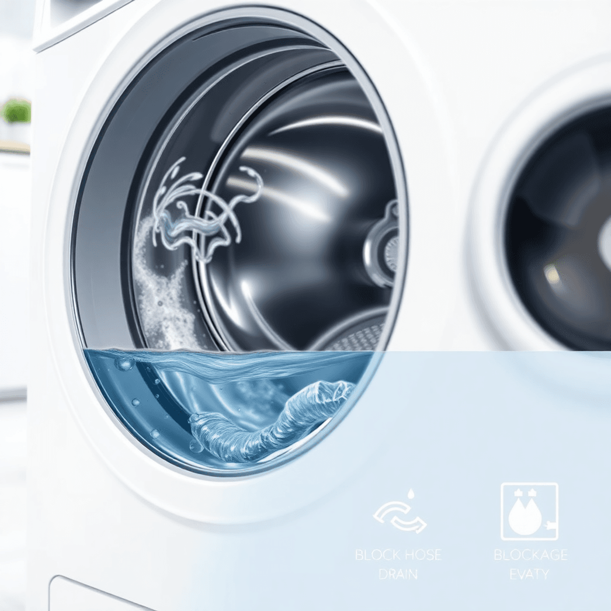 Modern washing machine with swirling water inside, flexible drain hose close-up, and abstract water flow symbols in a bright laundry room.