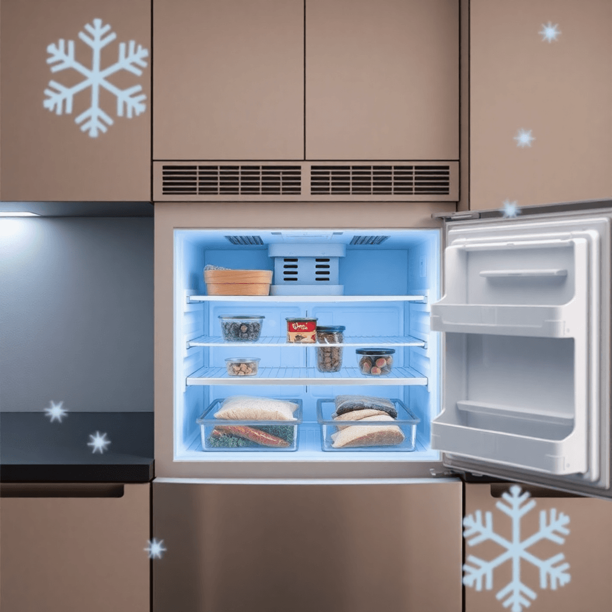 Open modern freezer with organized food, clear airflow, frost-free interior, soft lighting on condenser coils, and floating snowflake shapes symbol...