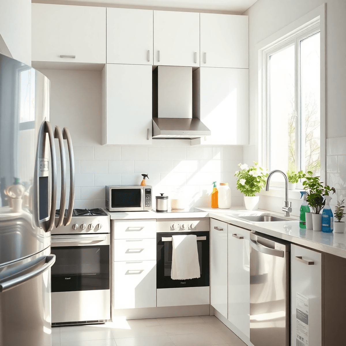 Bright kitchen with modern appliances, sunlight streaming through a window, fresh green plants, and neatly arranged cleaning supplies evoking sprin...