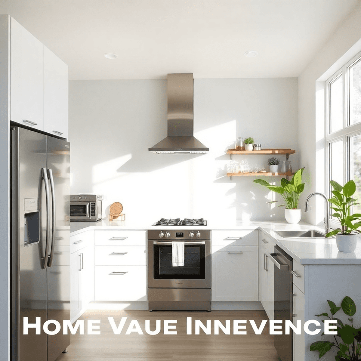 Bright modern kitchen with sleek appliances, large windows letting in sunlight, green plants, and eco-friendly decor symbolizing sustainability.