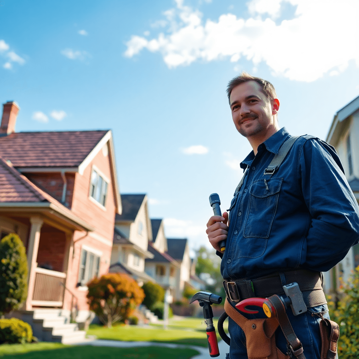 Contractor inspecting a well-kept Staten Island home exterior under clear sky, highlighting roofing and plumbing, symbolizing reliable home repair ...
