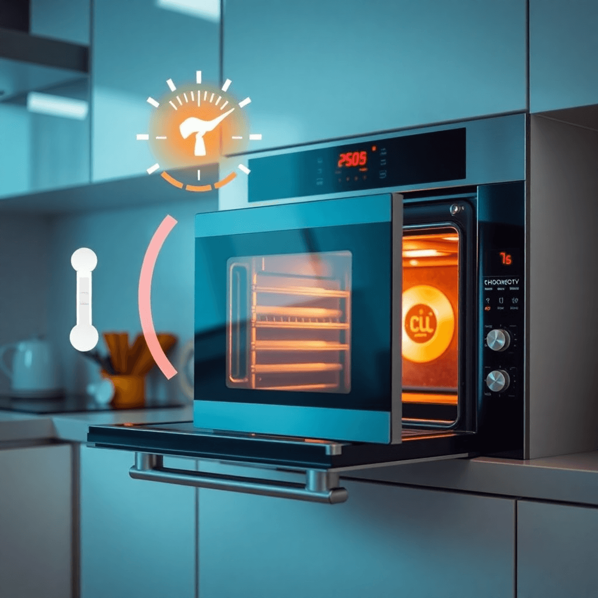 Modern kitchen with a sleek oven door slightly open, warm light inside, glowing thermostat dial, and abstract heat waves symbolizing temperature co...