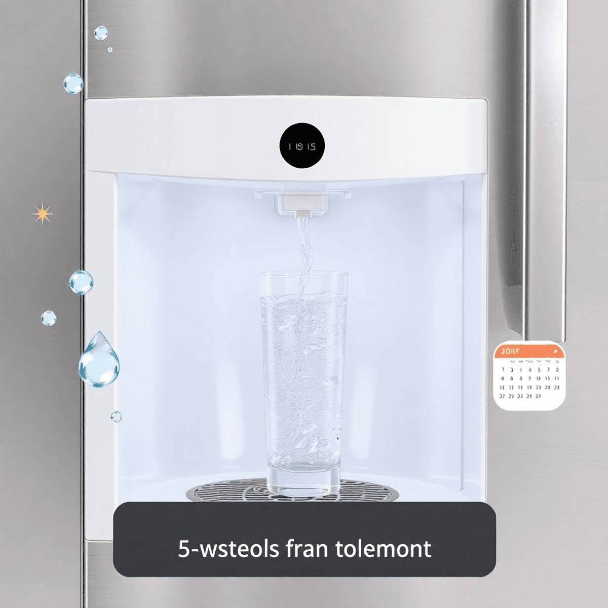 Modern refrigerator water dispenser pouring clear water into a glass with sparkling droplets and abstract circular icons symbolizing freshness and ...