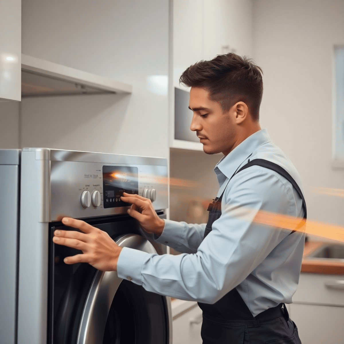 Technician in uniform repairing modern appliance in bright kitchen with motion blur and light streaks, symbolizing fast, reliable emergency repair ...