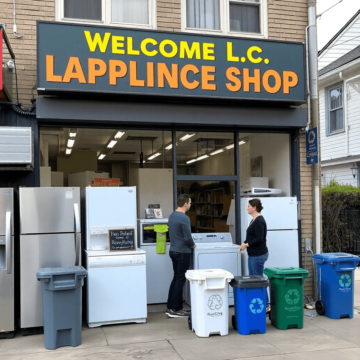 Vibrant appliance shop storefront with refrigerators and washers outside, friendly staff engaging customers, neighborhood houses and greenery in ba...